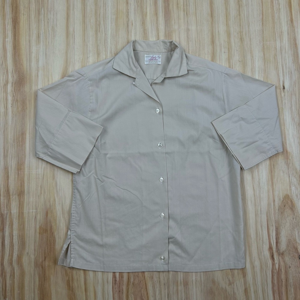 True Vintage Penney's Lady Towncraft Button Blouse Size 12/34 Tan 70's Dacron